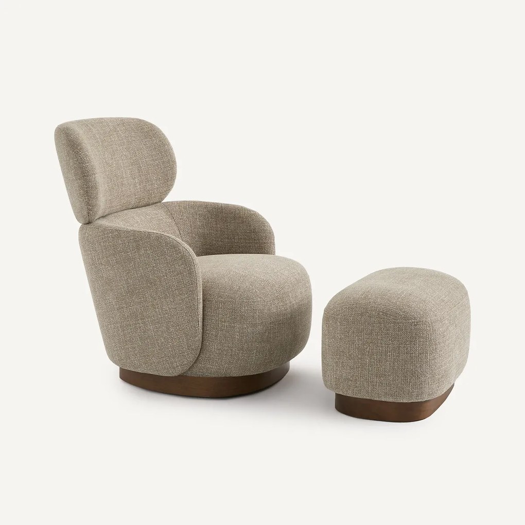 Draaifauteuil met voetensteun, gemêleerde stof en walnootfineer, JESPER
