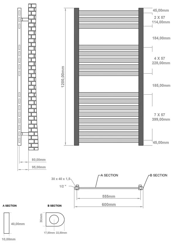 Eastbrook Defford handdoekradiator 60x120cm 695W zwart mat