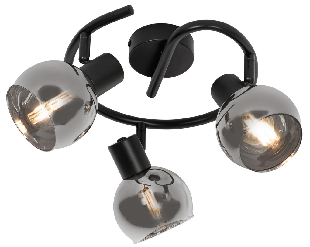 Art Deco plafondlamp zwart met smoke glas 3-lichts rond - Vidro
