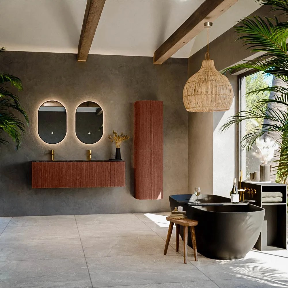 Mondiaz Kurve-dlux 145cm badmeubel ronding rechts ruby met 1 lade en deur en wastafel leaf dubbel/links 2 kraangaten lava