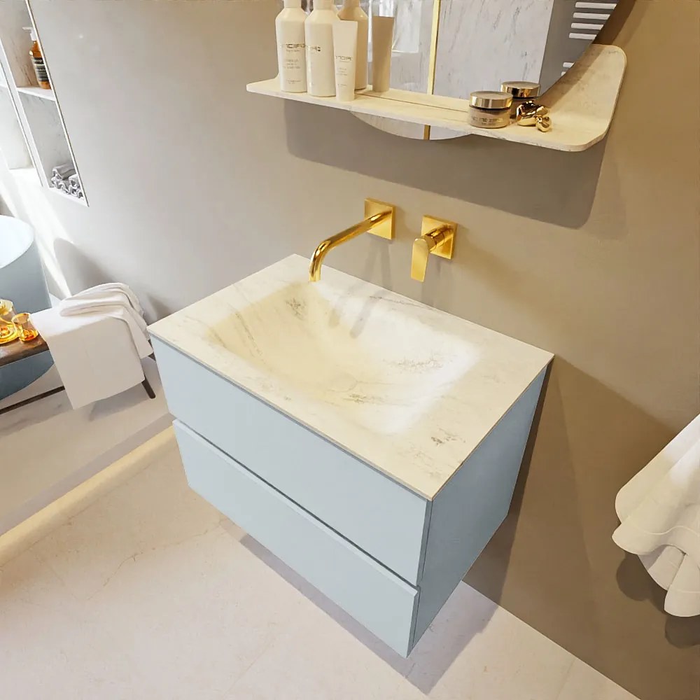 Mondiaz Vica DLux badmeubel 70cm clay 2 lades met wastafel opalo midden zonder kraangat