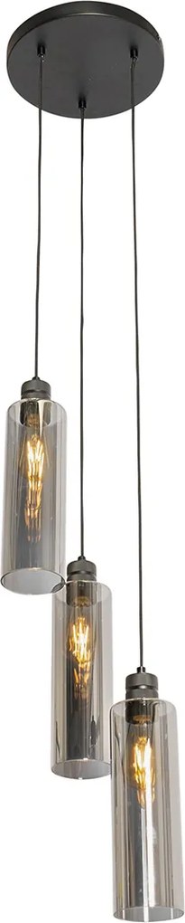 Moderne hanglamp zwart met smoke glas 3-lichts - Stavelot