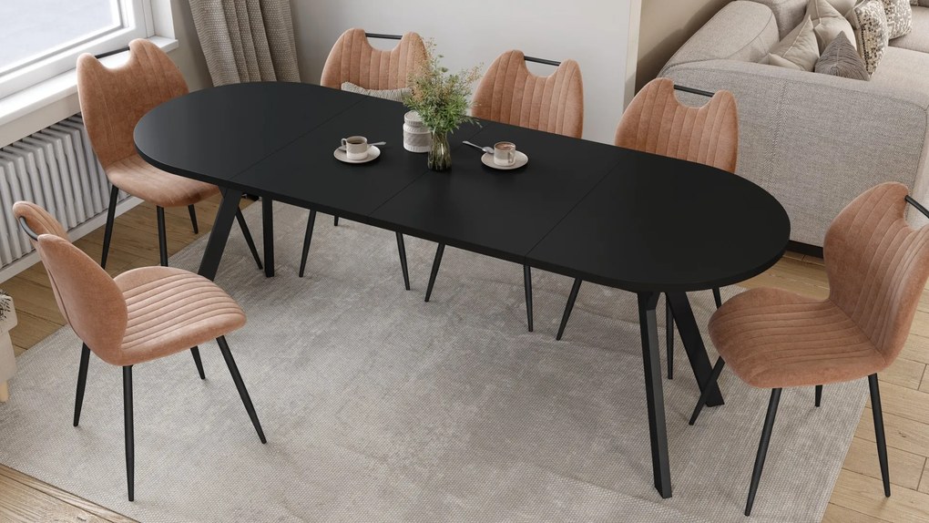 Mazzoni ALMO Zwart mat / zwarte poten - OVALE UITSCHUIFTAFEL 120-220 cm VOOR 10-12 PERSONEN