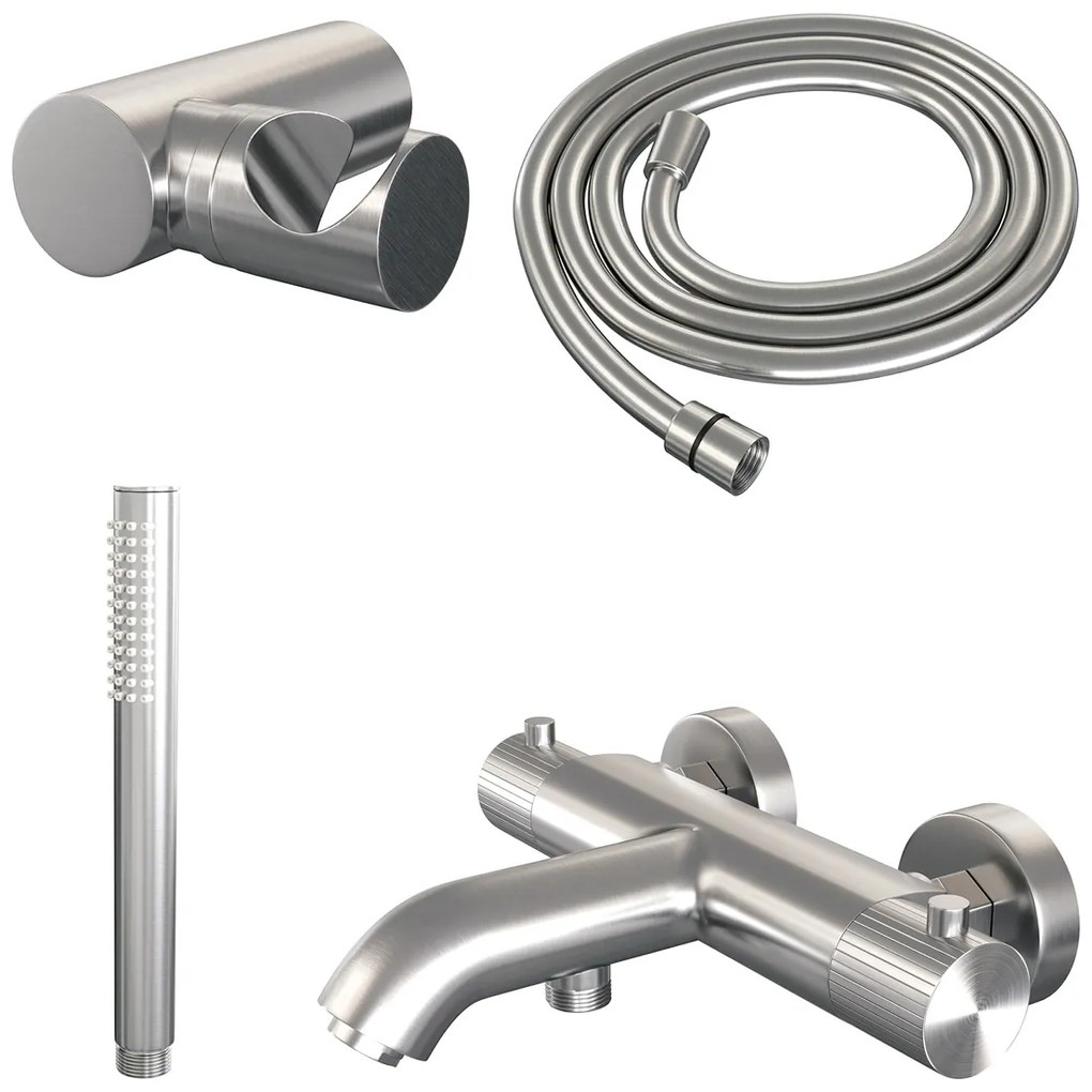 Brauer Stripe thermostatische badkraan met wandhouder en staafhanddouche RVS geborsteld PVD