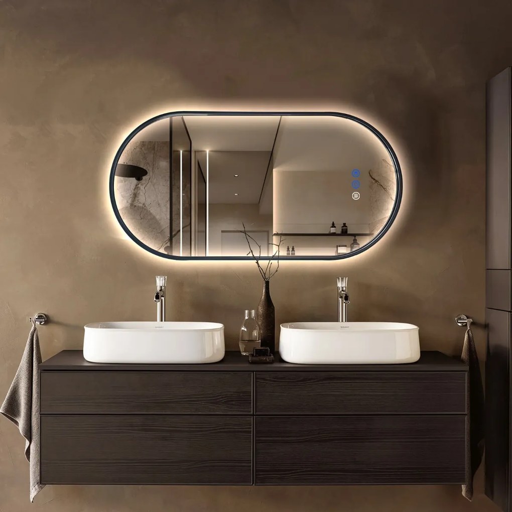 Saniclear Parma Black ovale spiegel met verwarming, direct en indirect licht mat zwart 100x50cm