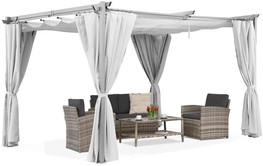 Witte La Palma terraspergola 3x4m met Garden Point gordijnen