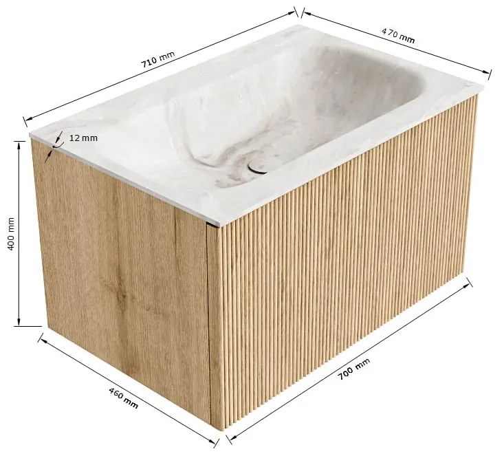 Mondiaz Kurve-dlux 70cm badmeubel oak met 1 lade en wastafel big small midden 1 kraangat glace