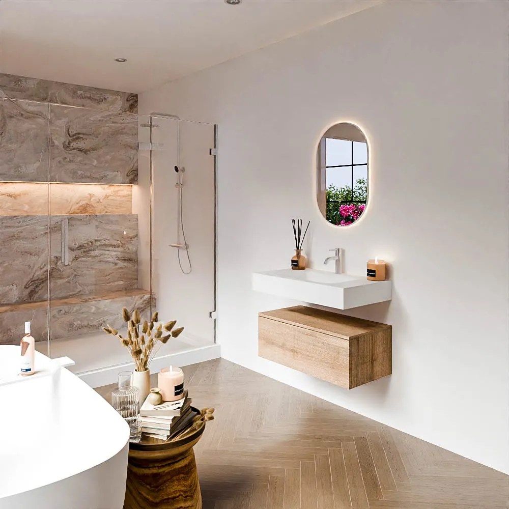 Zaro Alan badmeubel 80cm washed oak 1 lade met vrijhangende wastafel cloud midden 1 kraangat talc