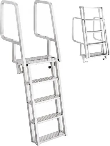 VEVOR opvouwbare aanlegsteigerladder, bootladder met 5 antislip treden, brede pedalen en leuning, draagvermogen 159 kg, aluminiumlegering zwembadladder, toegangsladder voor aanlegsteigers, zwembaden, meren, jachten, zilver