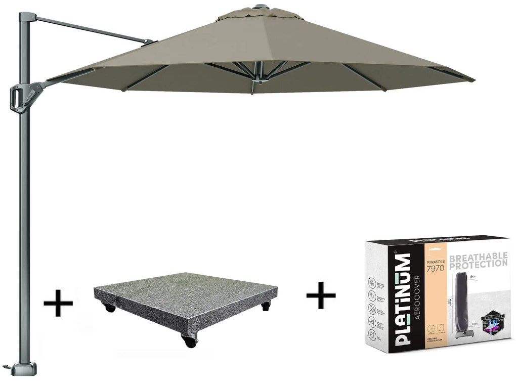 Voyager T1 zweefparasol 300 cm rond taupe met 90KG voet en hoes