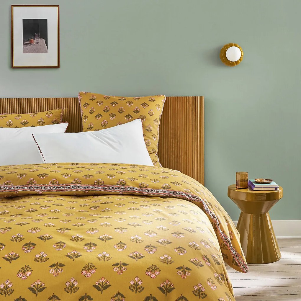 Dekbedovertrek in gewassen katoen, bloemenprint, VANDI OCRE
