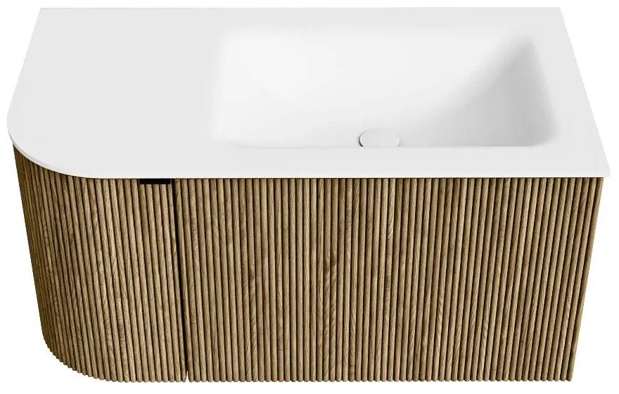 Mondiaz Kurve 85cm badmeubel ronding links dusk met 1 lade en deur en wastafel cloud rechts zonder kraangat