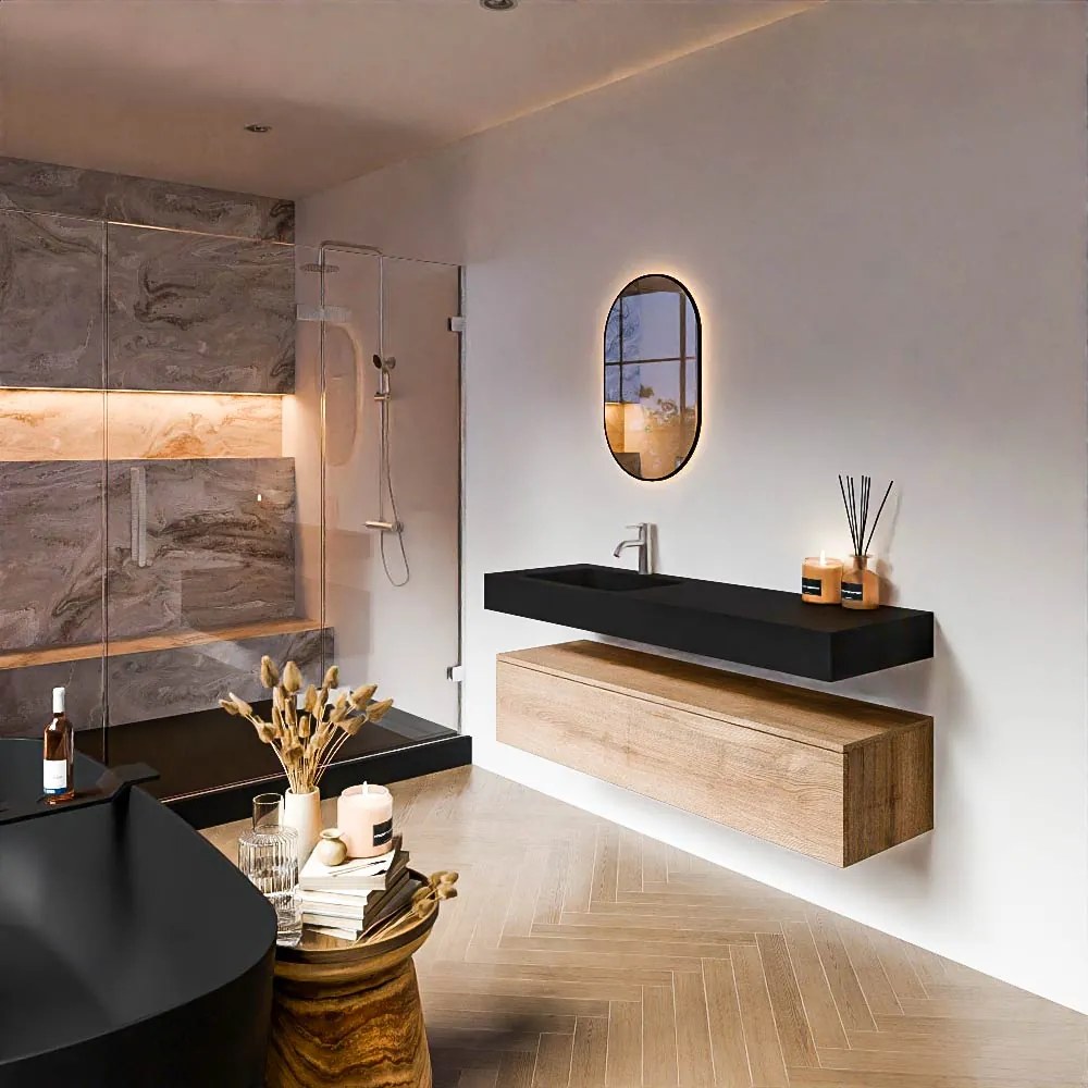 Zaro Alan badmeubel 140cm washed oak 1 lade met vrijhangende wastafel cloud links 1 kraangat urban