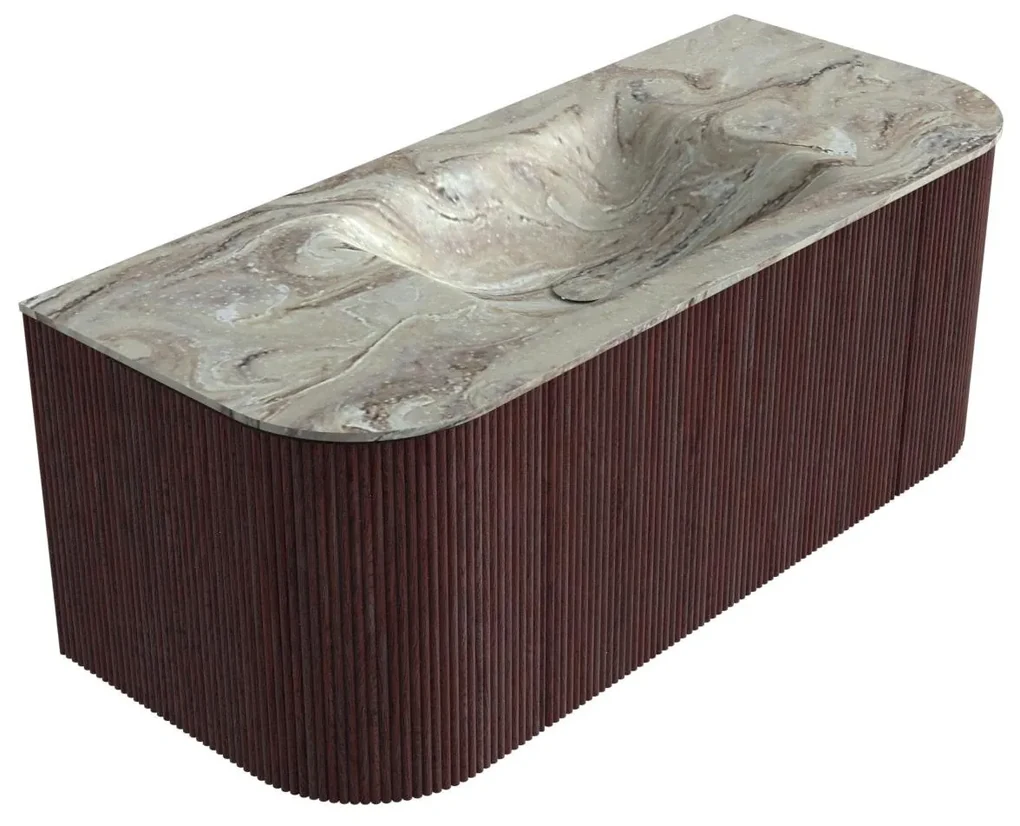 Mondiaz Kurve-dlux 110cm badmeubel ronding links/rechts ruby met 1 lade en 2 deuren en wastafel cloud midden zonder kraangat glace