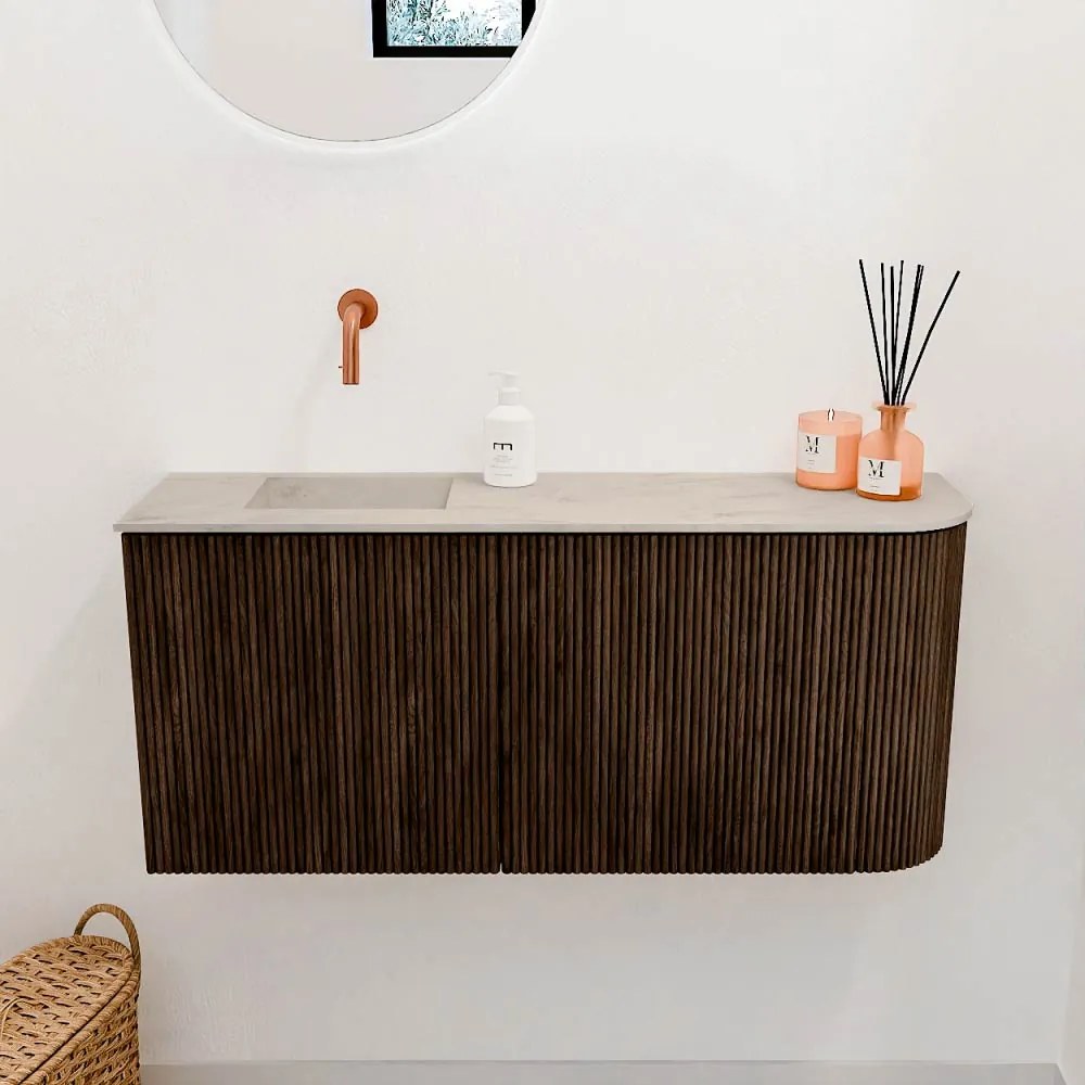 Mondiaz Joya DLux 90cm toiletmeubel ronding rechts walnut met wastafel faye links zonder kraangat opalo
