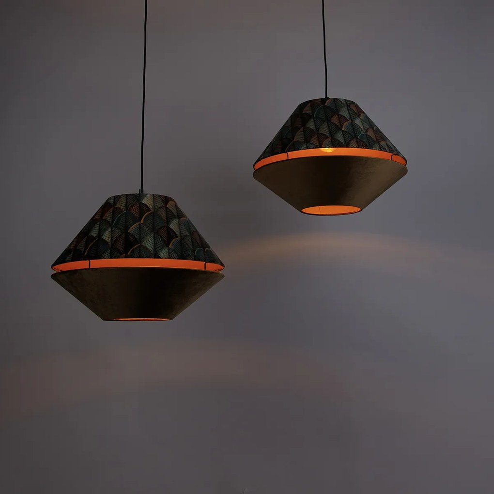 Hanglamp zwart met dubbele velours lampenkap blad dessin en beige 2-lichts - Cava Luxe