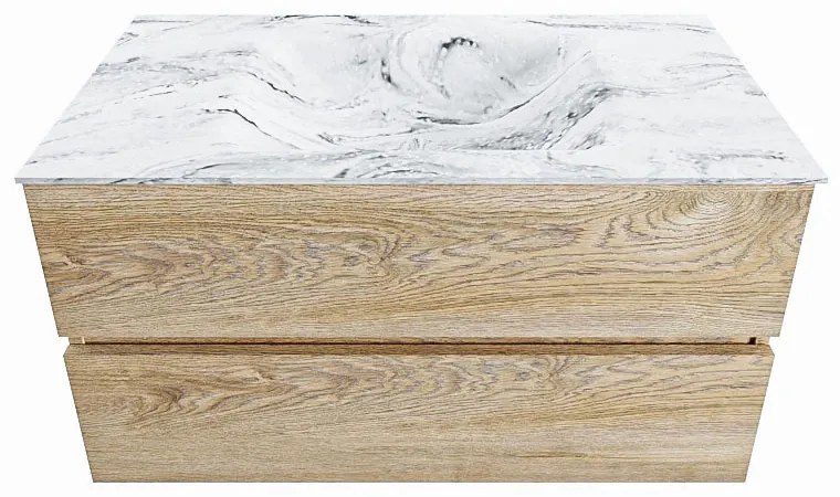 Mondiaz Vica DLux badmeubel 90cm washed oak 2 lades met wastafel glace midden 1 kraangat