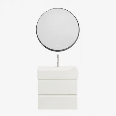 Ona Zwevend Badkamermeubelset Van Hout En Essenfineer Met Geïntegreerde Wastafel Wit & Round Led And Antifog Zwart Ø80 Cm - Sklum