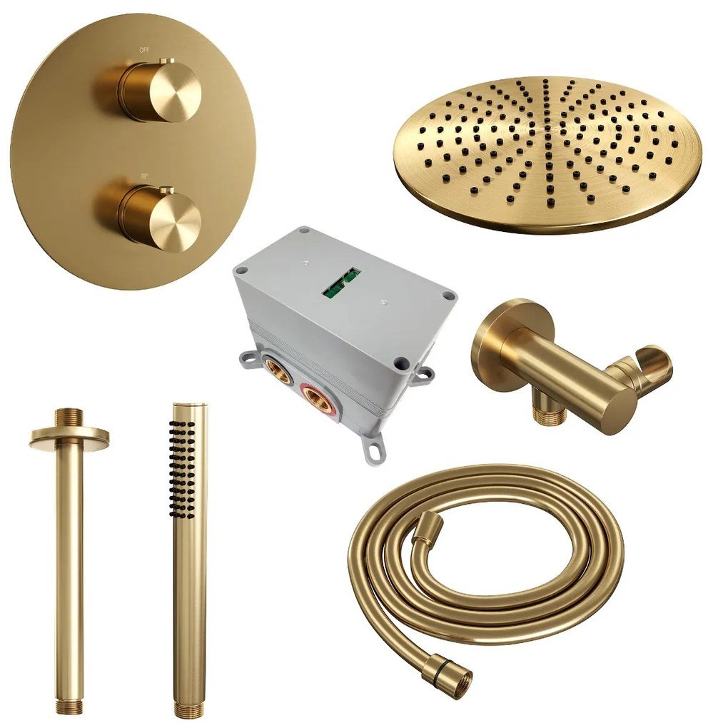 Brauer Gold Edition thermostatische inbouw regendouche met staafhanddouche, plafondarm en hoofddouche 30cm set 78 messing geborsteld PVD