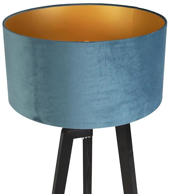 Vloerlamp tripod zwart met blauwe kap en goud 50 cm - Puros Landelijk / Rustiek E27 cilinder / rond Binnenverlichting Lamp