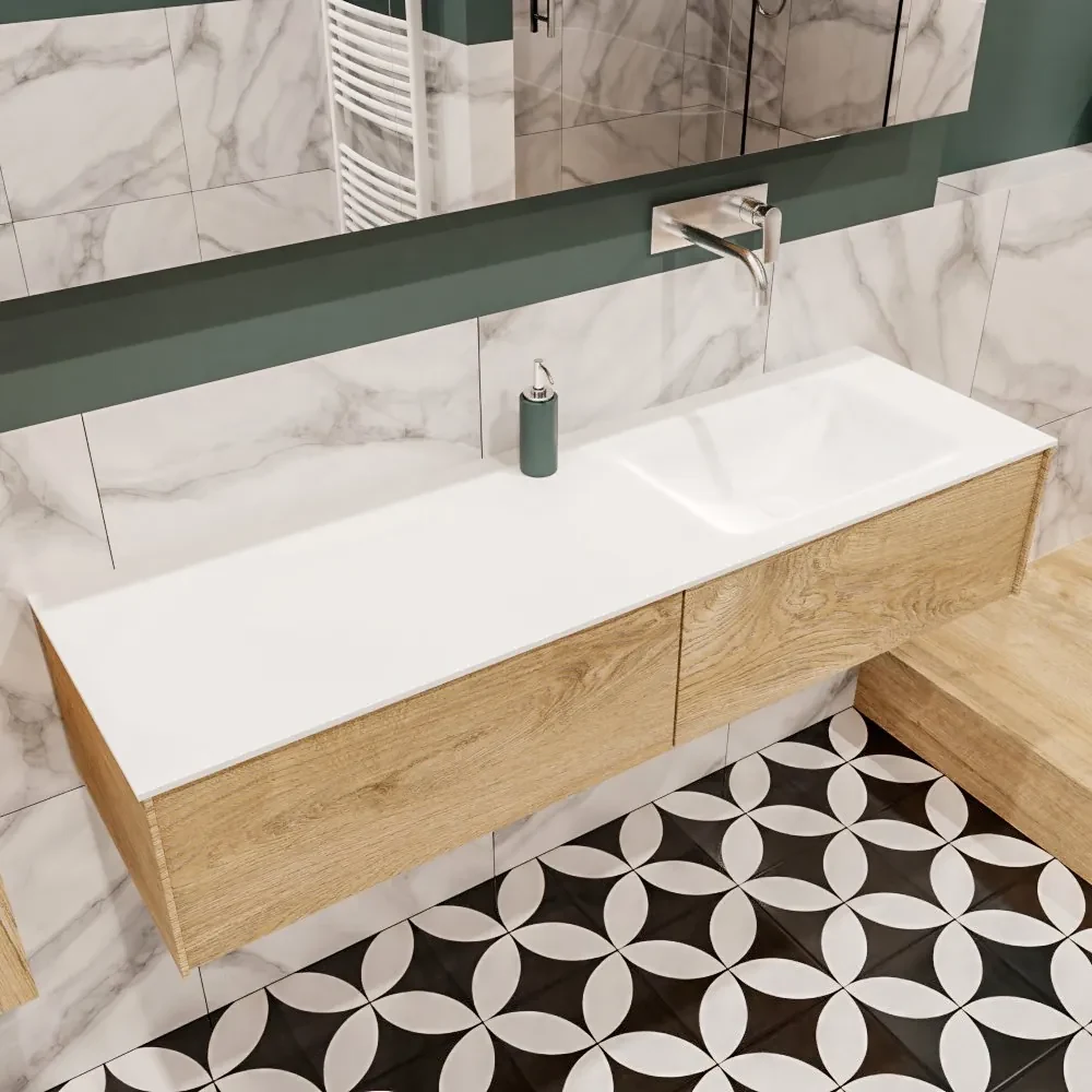 Lush onderkast 150cm in kleur WASHED OAK met 2 lades Push tot open geschikt voor rechtse wastafel. Compleet met solid surface wastafel cloud M35218met 0 kraangat(en)