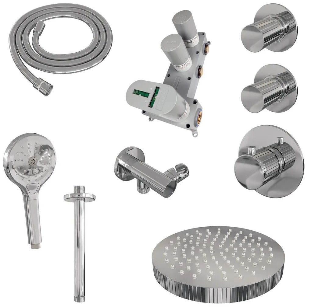 Brauer Stripe inbouw regendouche met 25cm hoofddouche, plafondarm en 3 standen handdouche set 6 chroom