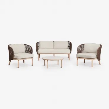 Woonkamerset Met 2-zitsbank, 2 Stoelen Van Gevlochten Capri-touw En Salontafel Van Acaciahout Olivia Bruin – Chocolade - Sklum