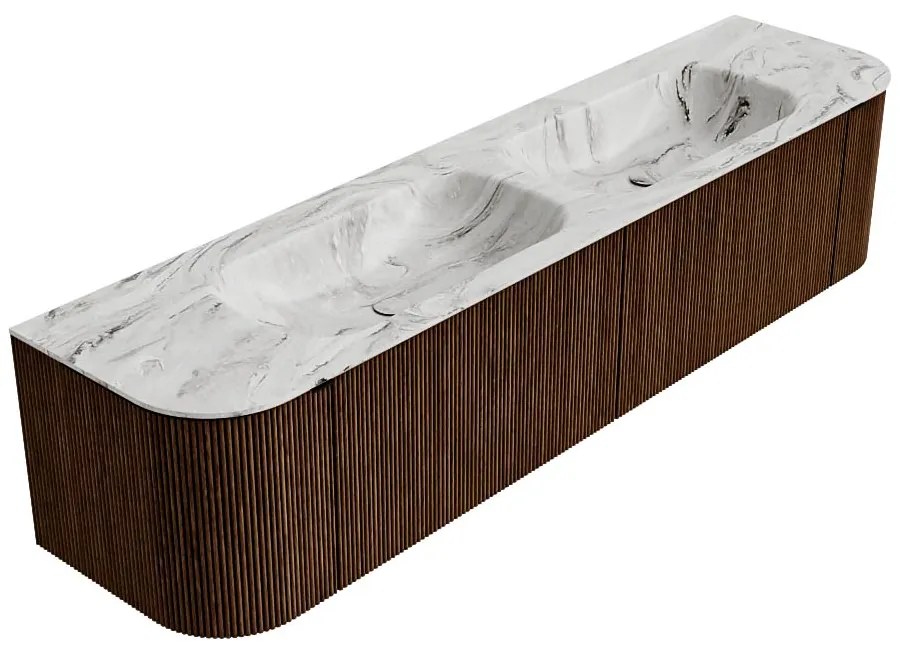 Mondiaz Kurve-dlux 190cm badmeubel ronding links/rechts walnut met 2 lades en deuren en wastafel stor small dubbel 2 kraangaten glace
