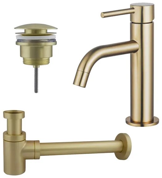 Fortifura Calvi Slim Wastafelkraanset - lage wastafelkraan - klikwaste plug - verlaagde design sifon - Geborsteld Messing PVD (Goud) SW720545/SW696202/SW696218