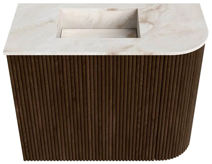 Mondiaz Joya DLux 50cm toiletmeubel ronding rechts walnut met wastafel faye links 1 kraangat frappe