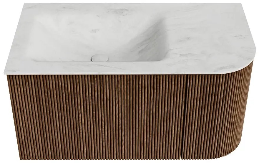 Mondiaz Kurve-dlux 85cm badmeubel ronding rechts walnut met 1 lade en deur en wastafel cloud links zonder kraangat opalo