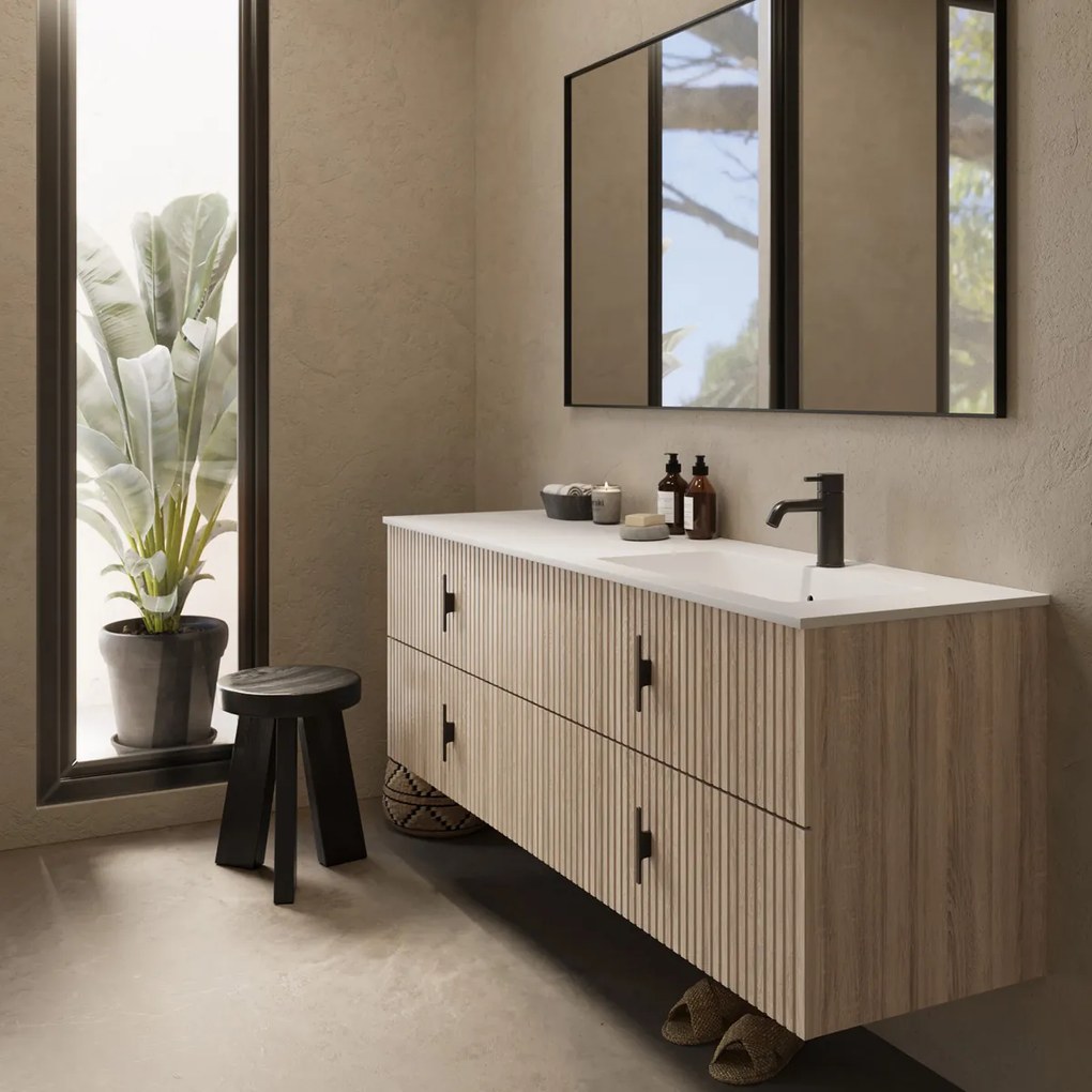 Muebles Avila badmeubel ribbelfront 160cm naturel eiken met wastafel rechts met kraangat
