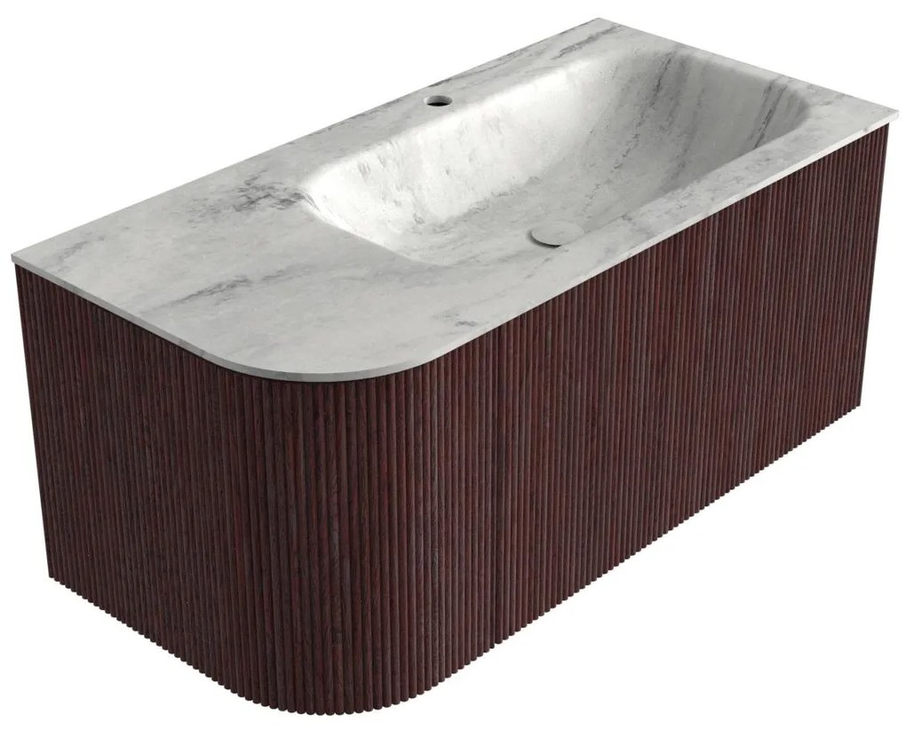 Mondiaz Kurve-dlux 95cm badmeubel ronding links ruby met 1 lade en deur en wastafel big small kraangat rechts opalo