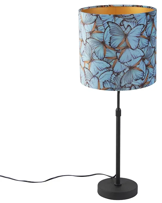 Stoffen Tafellamp zwart met velours kap vlinders met goud 25 cm - Parte Klassiek / Antiek E27 cilinder / rond rond Binnenverlichting Lamp