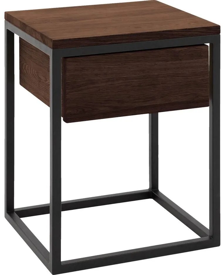 Goossens Nachtkastje Ord, Metaal ral 9005 zwart, met lade en bovenblad massief eik, 40 x 35 x 57 cm hoog