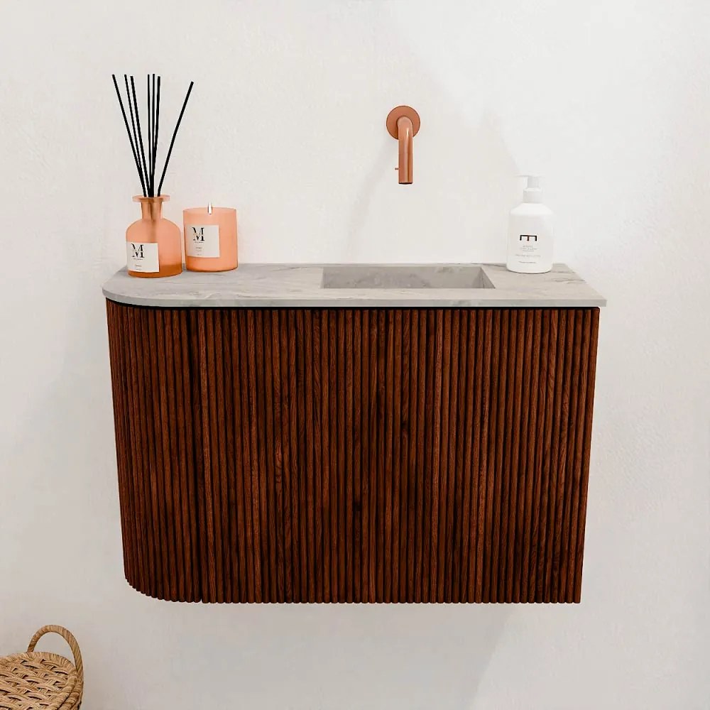 Mondiaz Joya DLux 60cm toiletmeubel ronding links ruby met wastafel faye rechts zonder kraangat glace