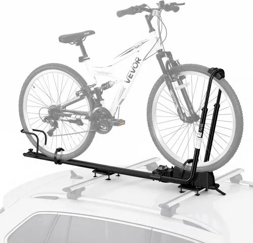 VEVOR rechtopstaande dakfietsendrager voor fietsen van 24-29 inch, opvouwbaar, zwart, roadtrips, aluminiumlegering, Q235 staal, frame-contactloze montage, dubbele armbevestiging met veilig vergrendelingssysteem