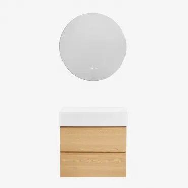 Ona Zwevend Badkamermeubelset Van Hout En Essenfineer Met Geïntegreerde Wastafel Natuurlijk Hout & Zonder Kraan & Round Led And Antifog Ø70 Cm Riben &