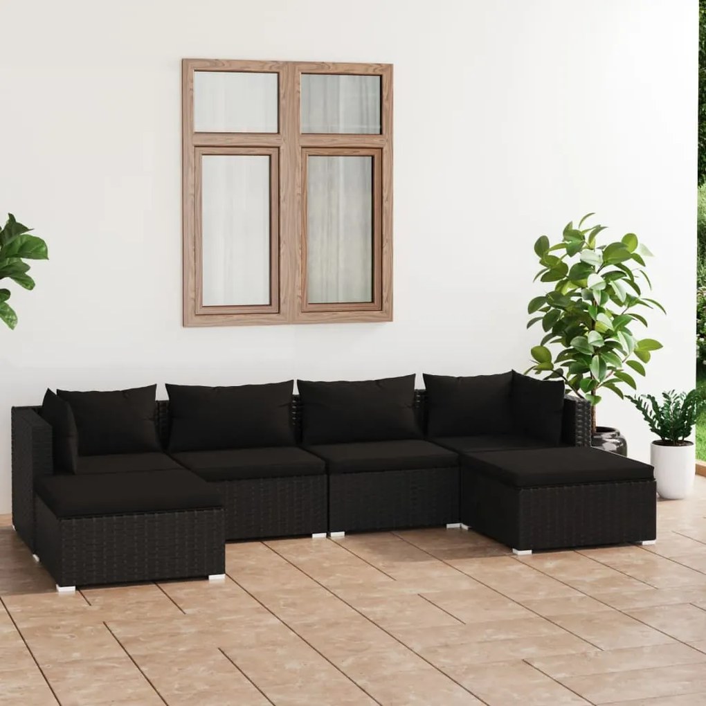 vidaXL 6-delige Loungeset met kussens poly rattan zwart