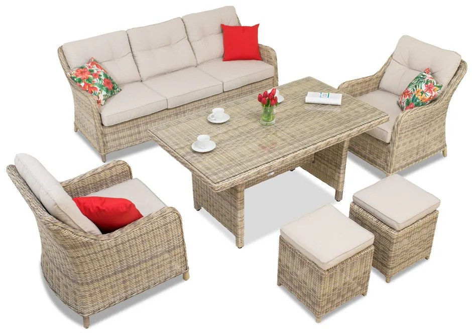 Toledo Apetito 5 beige technorattan set met Garden Point poefs