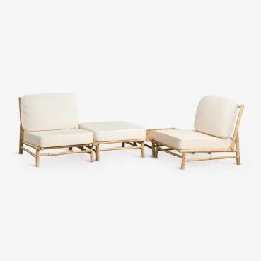 Tuinset Met 2 Fauteuils, Poef En Vierkante Salontafel 75x75 Cm Van Bamboe Isendra Stof Wit - Sklum