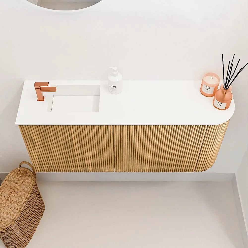 Mondiaz Joya 90cm toiletmeubel ronding rechts oak met wastafel faye links 1 kraangat talc