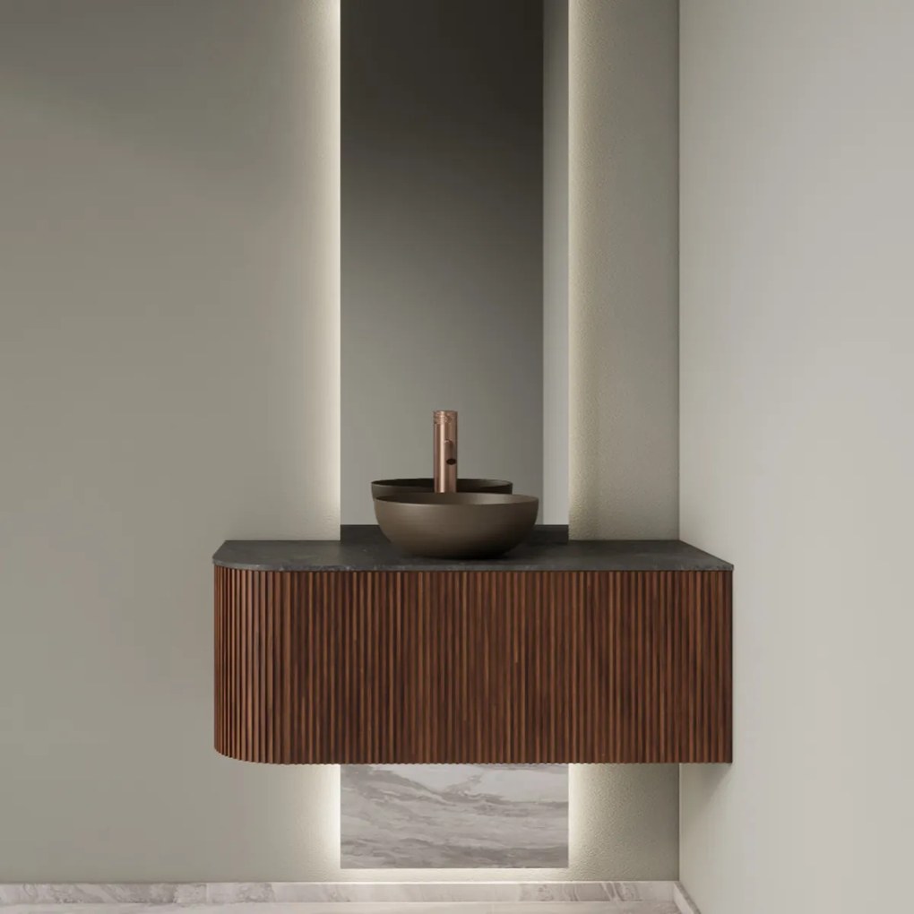Gliss Design Alluro badmeubel ribbelfront met ronding links 100cm walnut en zwart leisteen toppaneel