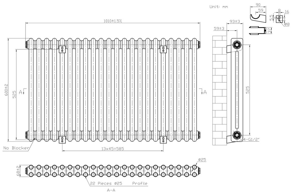 Eastbrook Imperia 2 koloms radiator 100x60cm 1407W antraciet