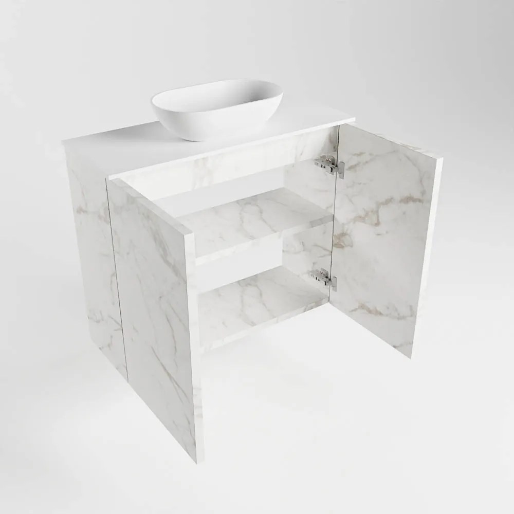 Mondiaz Fowy toiletmeubel 60cm Carrara met witte waskom midden en kraangat