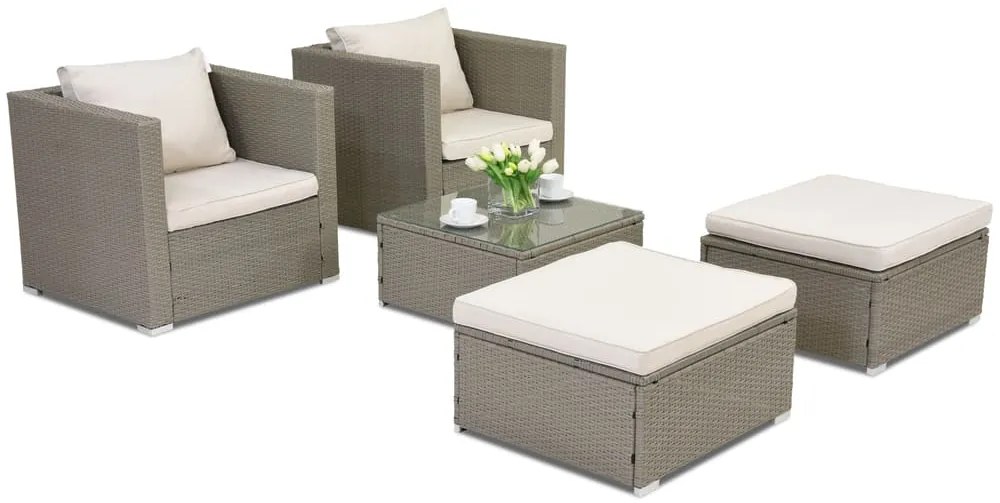 Roma Terrace technorattan tuinmeubelen + 2 Garden Point poefs lichtgrijs