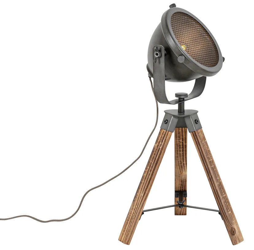 Industriële tafellamp tripod staal met hout kantelbaar - Emado