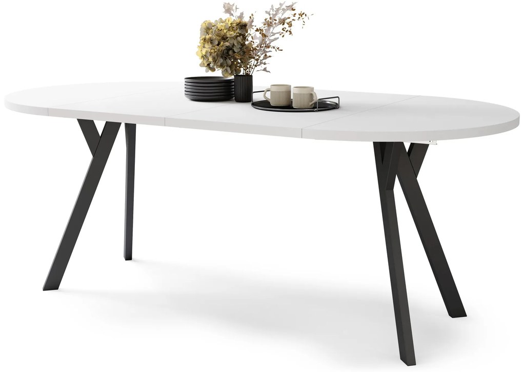 ALMO 100 Wit Mat/Zwarte poten - RONDE LOFT/INDUSTRIËLE TAFEL VOOR WOONKAMER/EETKAMER, UITSCHUIFBAAR