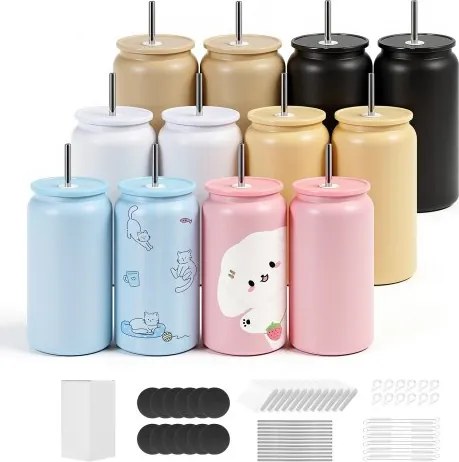 VEVOR Sublimatiebekers 12 stuks (473 ml), meerkleurige roestvrijstalen sublimatie thermosbekers met deksels en rietjes, dubbelwandige geïsoleerde sublimatie drinkflessen voor doe-het-zelf projecten en cadeaus