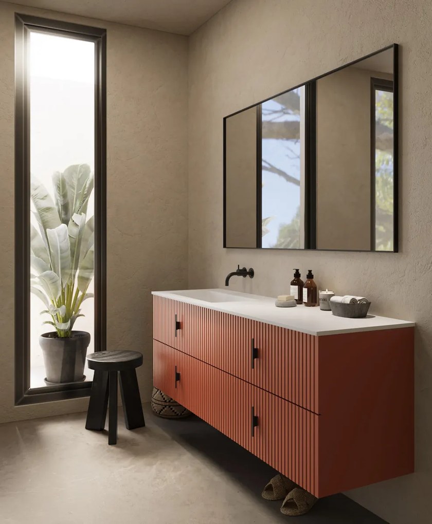 Muebles Avila badmeubel ribbelfront 160cm terracotta met wastafel links zonder kraangat
